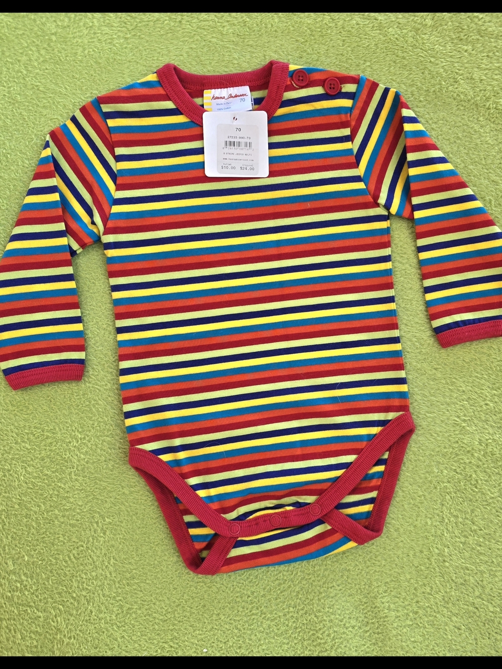 NWT  5-12M  70cm - Unisex BODYSUIT ORGANIC COTTON-VIBRANT Striped L-Sleeve (Q1)